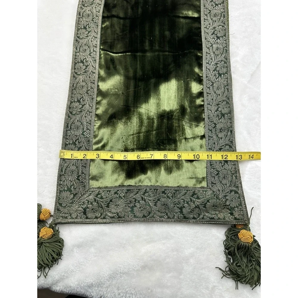 Olive‎ Green Velvet Table Runner Floral Brocade Border Tassels 72x13